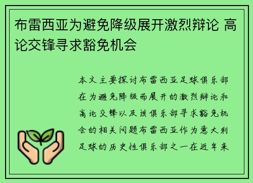 布雷西亚为避免降级展开激烈辩论 高论交锋寻求豁免机会