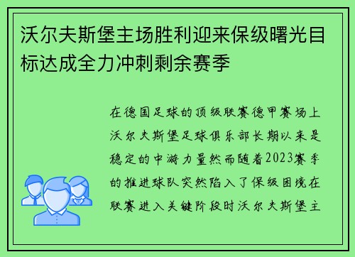 沃尔夫斯堡主场胜利迎来保级曙光目标达成全力冲刺剩余赛季